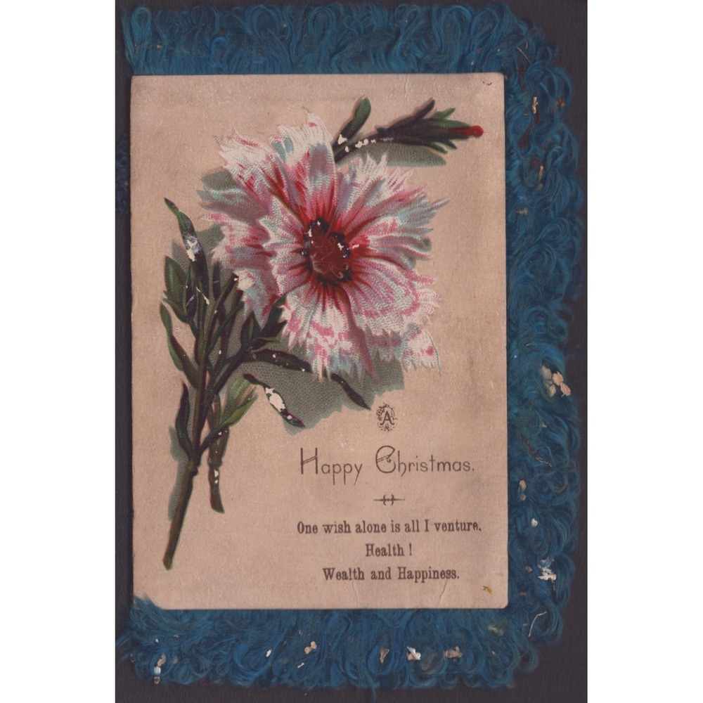 Victorian Fringed Christmas Cards Antique Floral Lithograph Lot of 2 Red Blue - Picture 3 of 4